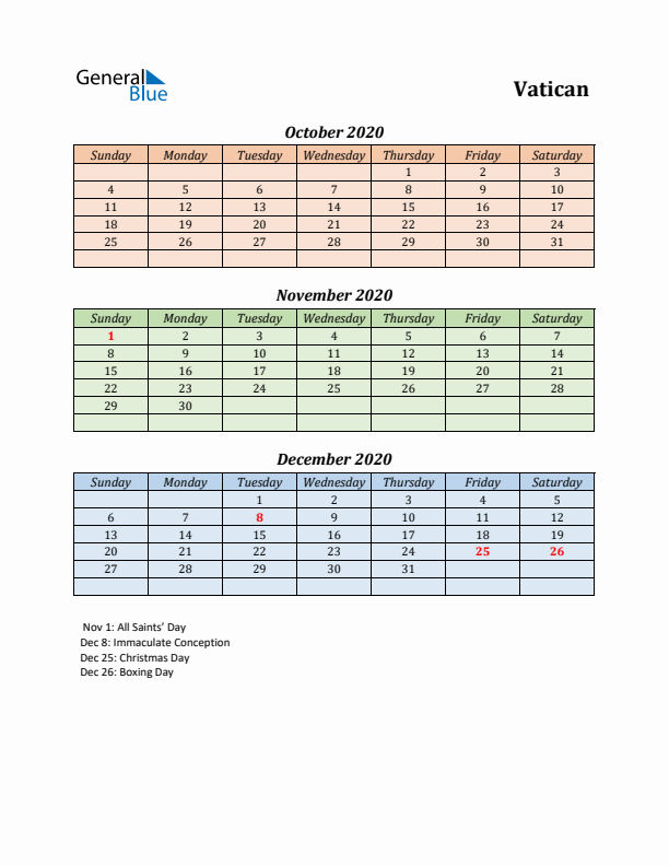 Q4 2020 Holiday Calendar - Vatican