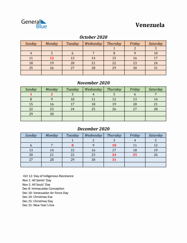 Q4 2020 Holiday Calendar - Venezuela