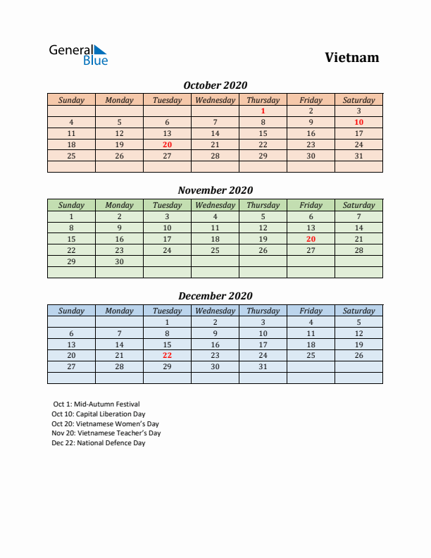 Q4 2020 Holiday Calendar - Vietnam