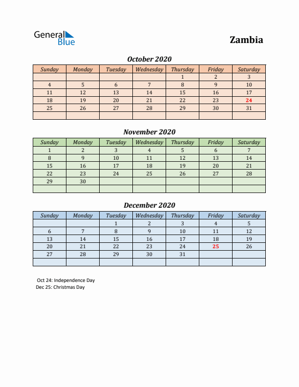 Q4 2020 Holiday Calendar - Zambia