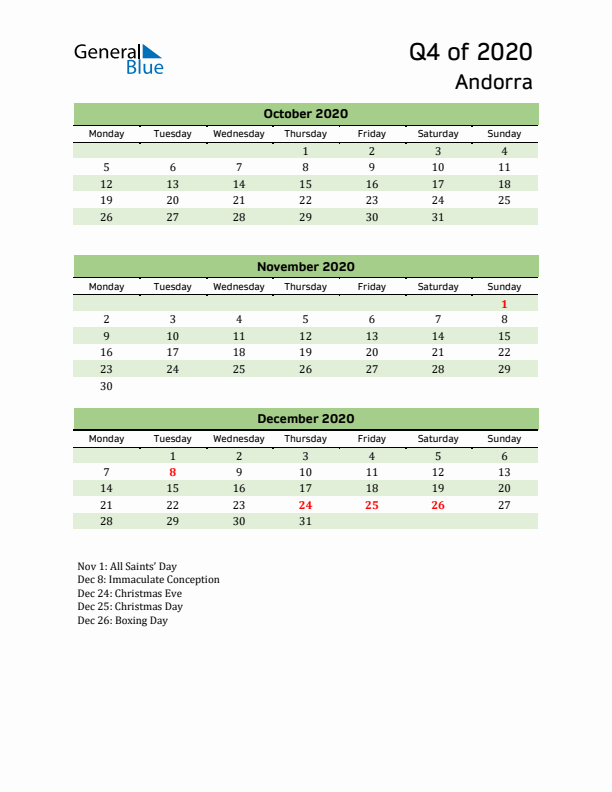 Quarterly Calendar 2020 with Andorra Holidays