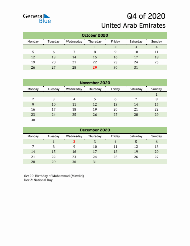 Quarterly Calendar 2020 with United Arab Emirates Holidays