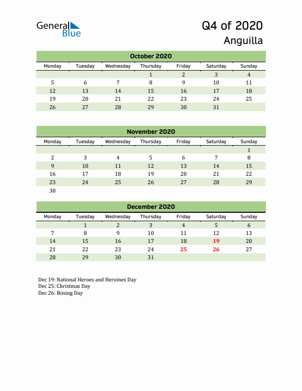 Quarterly Calendar 2020 with Anguilla Holidays