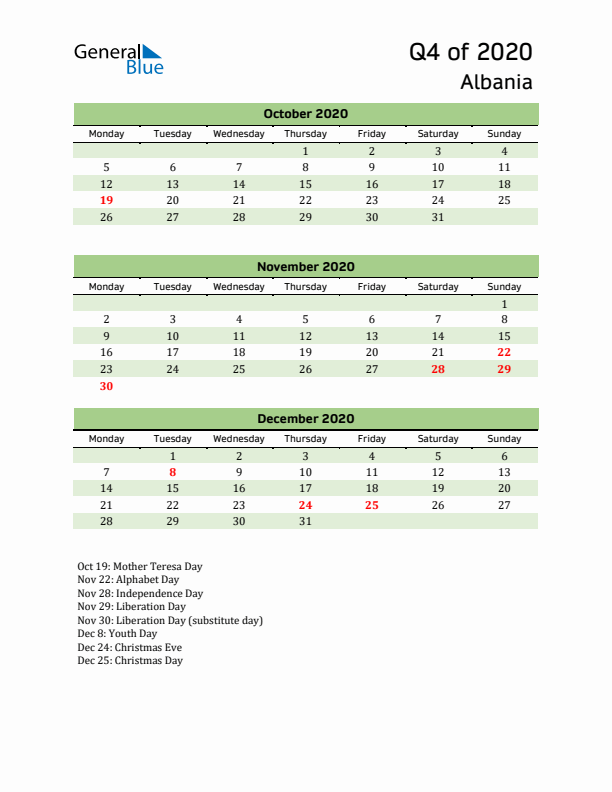 Quarterly Calendar 2020 with Albania Holidays