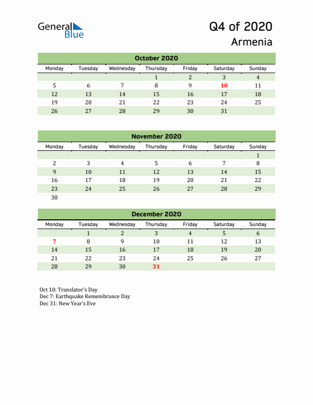 Quarterly Calendar 2020 with Armenia Holidays