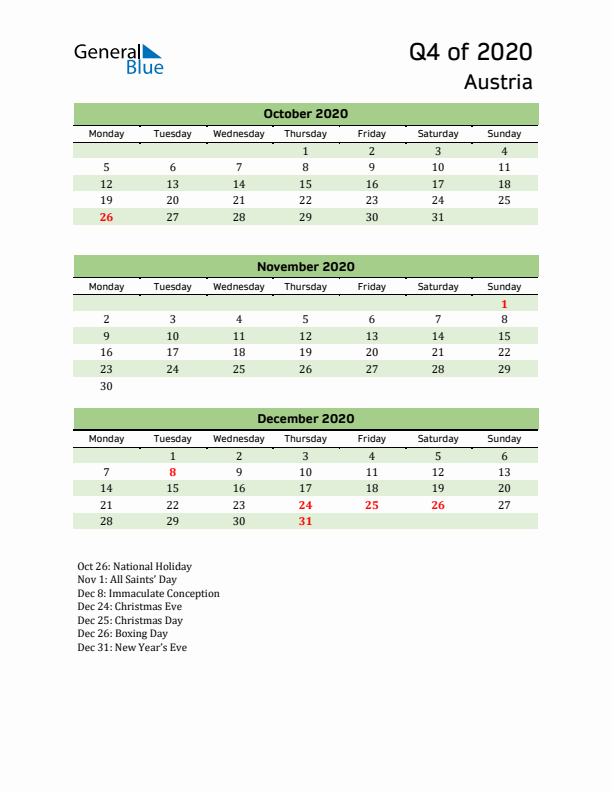 Quarterly Calendar 2020 with Austria Holidays