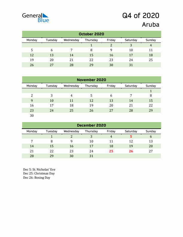 Quarterly Calendar 2020 with Aruba Holidays