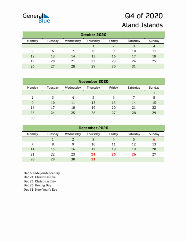 Quarterly Calendar 2020 with Aland Islands Holidays