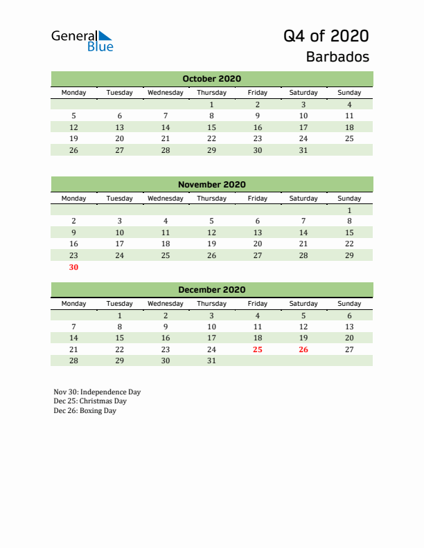 Quarterly Calendar 2020 with Barbados Holidays