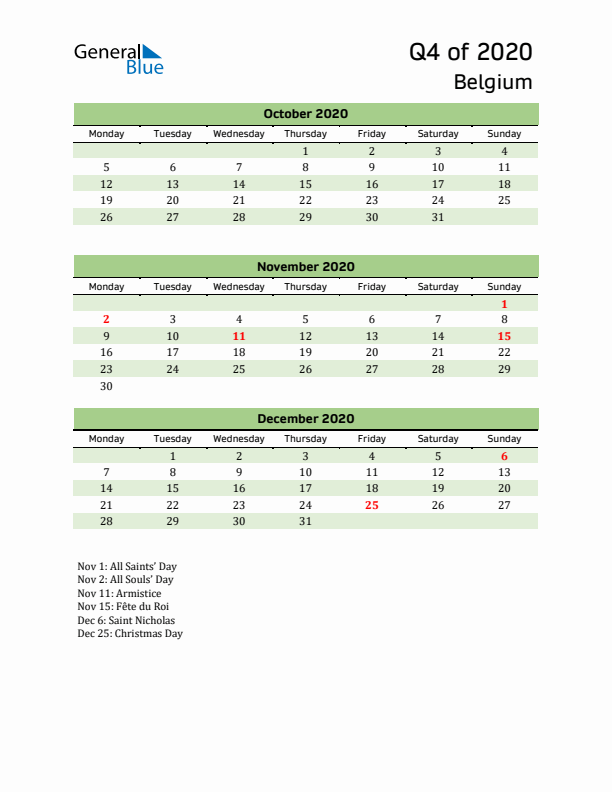 Quarterly Calendar 2020 with Belgium Holidays