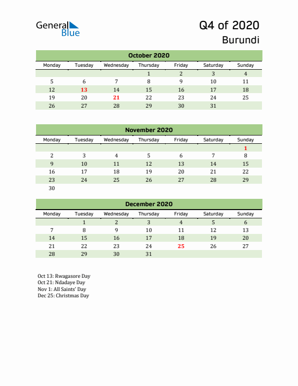 Quarterly Calendar 2020 with Burundi Holidays