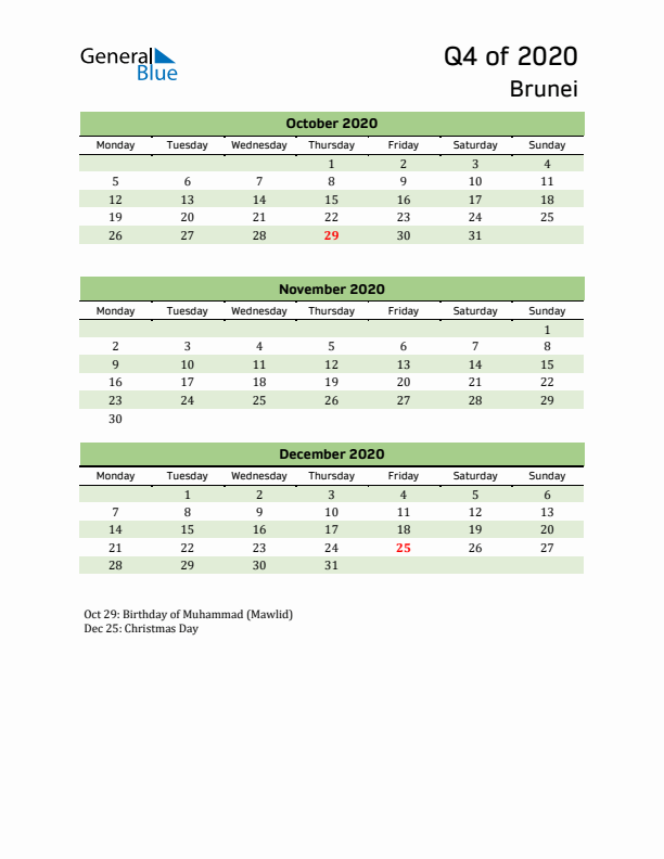 Quarterly Calendar 2020 with Brunei Holidays