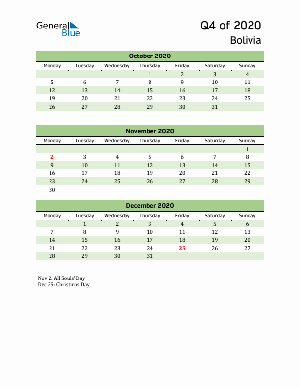 Quarterly Calendar 2020 with Bolivia Holidays