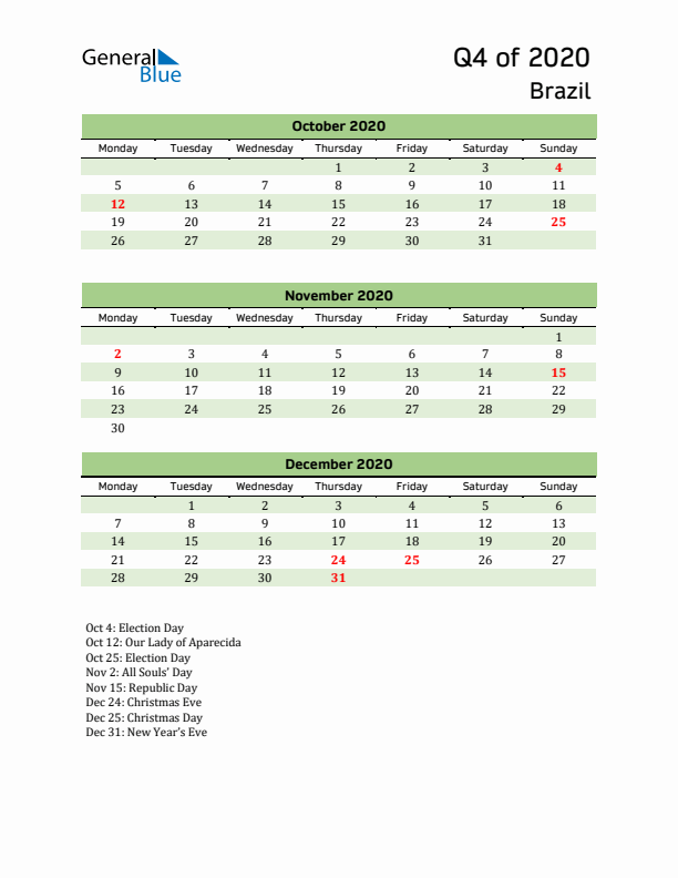 Quarterly Calendar 2020 with Brazil Holidays