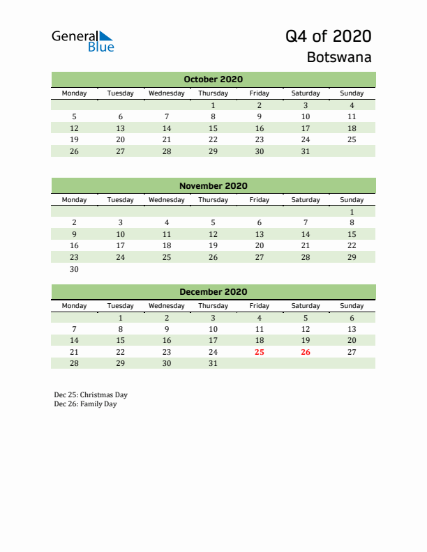 Quarterly Calendar 2020 with Botswana Holidays