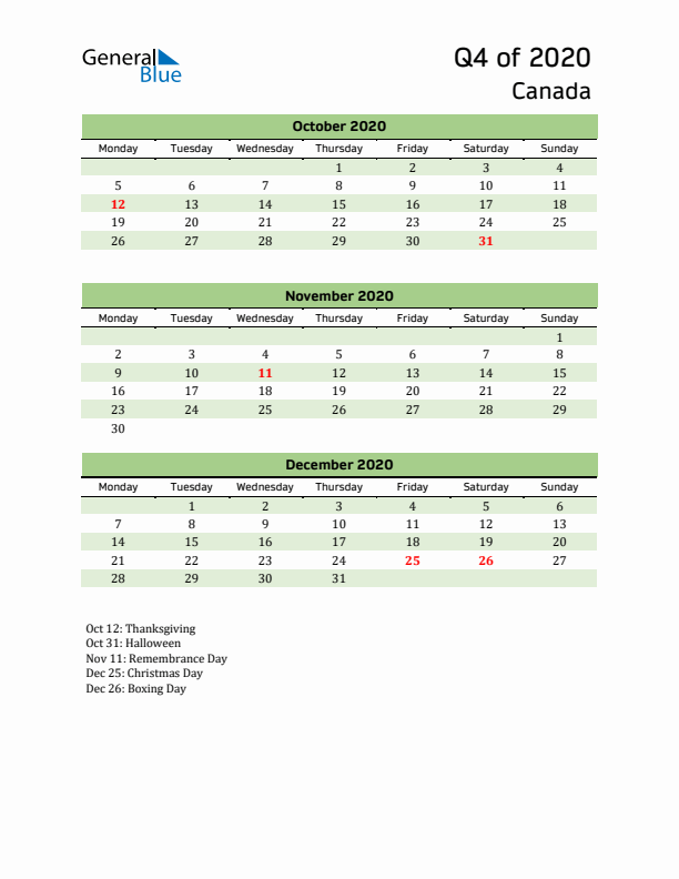 Quarterly Calendar 2020 with Canada Holidays