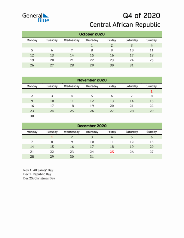 Quarterly Calendar 2020 with Central African Republic Holidays