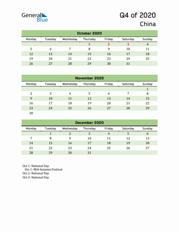 Quarterly Calendar 2020 with China Holidays