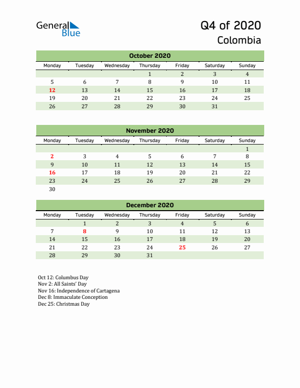 Quarterly Calendar 2020 with Colombia Holidays