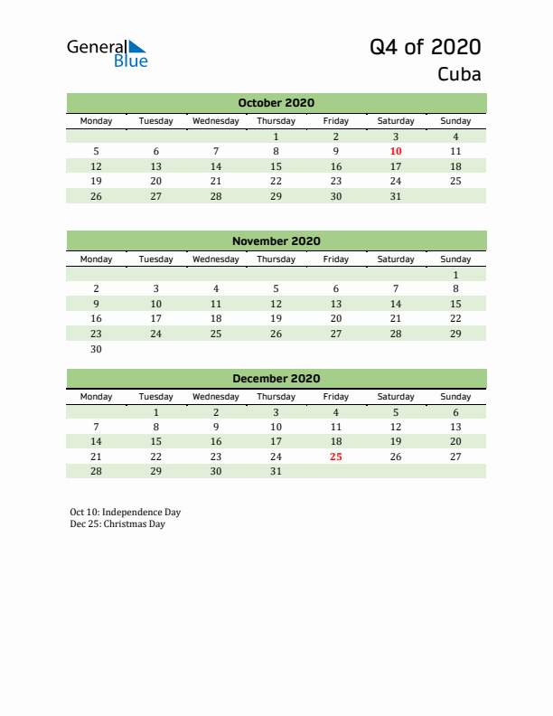 Quarterly Calendar 2020 with Cuba Holidays