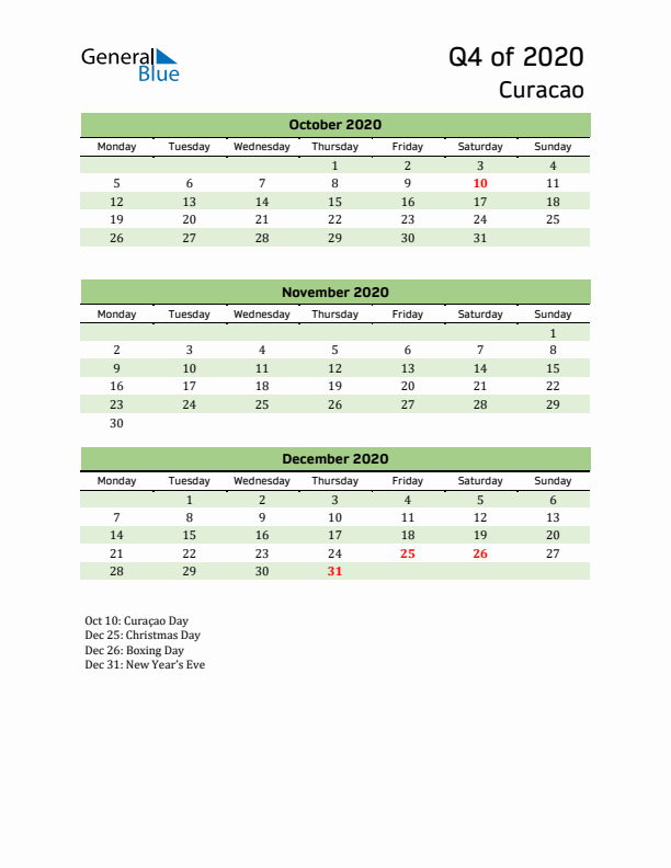 Quarterly Calendar 2020 with Curacao Holidays