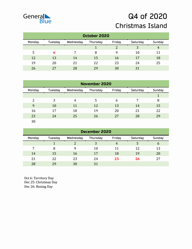 Quarterly Calendar 2020 with Christmas Island Holidays