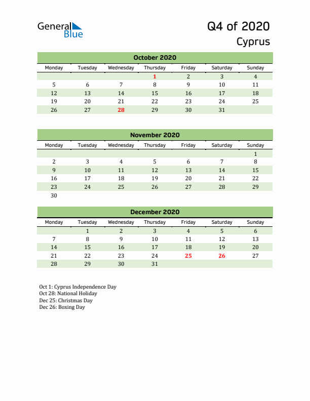 Quarterly Calendar 2020 with Cyprus Holidays