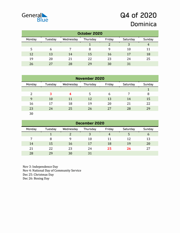 Quarterly Calendar 2020 with Dominica Holidays