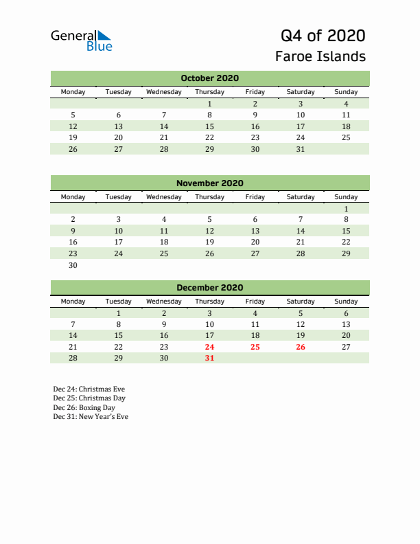 Quarterly Calendar 2020 with Faroe Islands Holidays