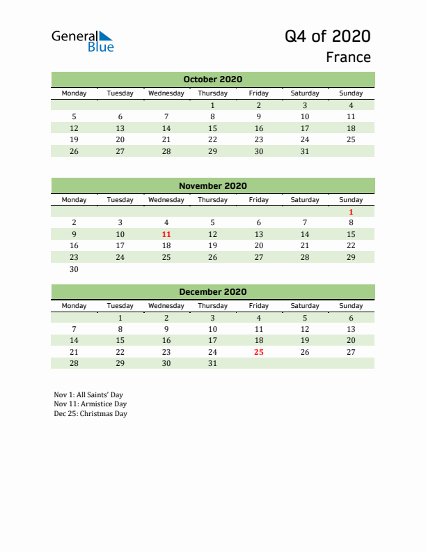 Quarterly Calendar 2020 with France Holidays