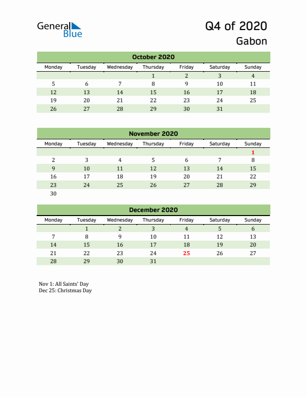 Quarterly Calendar 2020 with Gabon Holidays