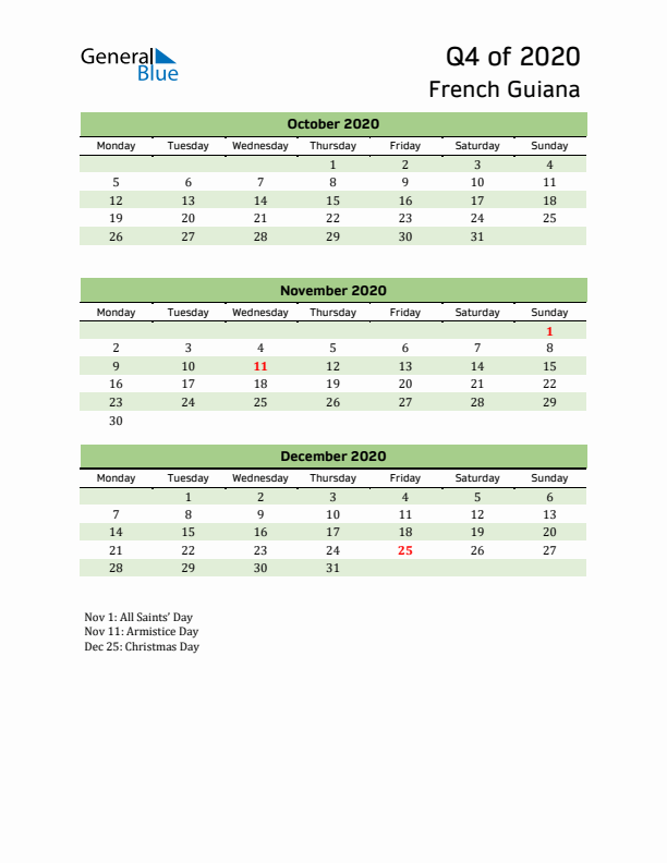 Quarterly Calendar 2020 with French Guiana Holidays