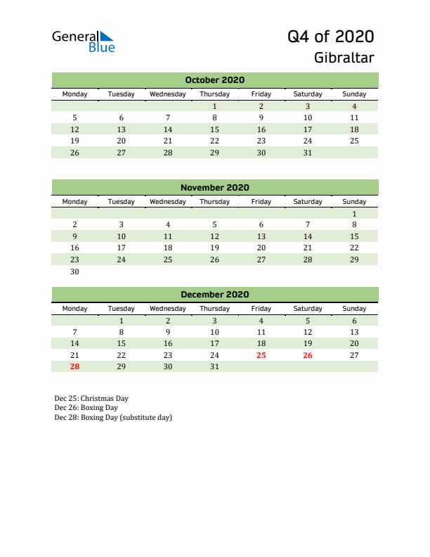 Quarterly Calendar 2020 with Gibraltar Holidays