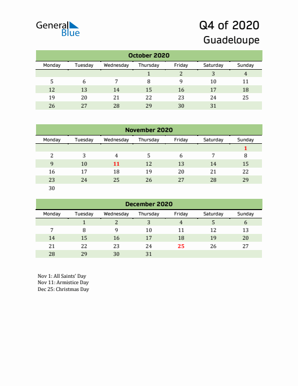 Quarterly Calendar 2020 with Guadeloupe Holidays