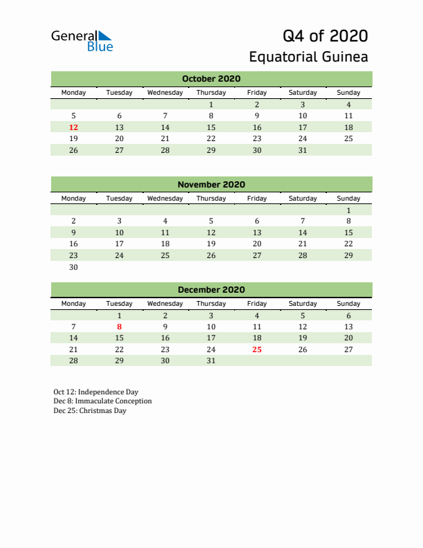 Quarterly Calendar 2020 with Equatorial Guinea Holidays