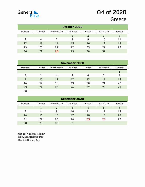 Quarterly Calendar 2020 with Greece Holidays