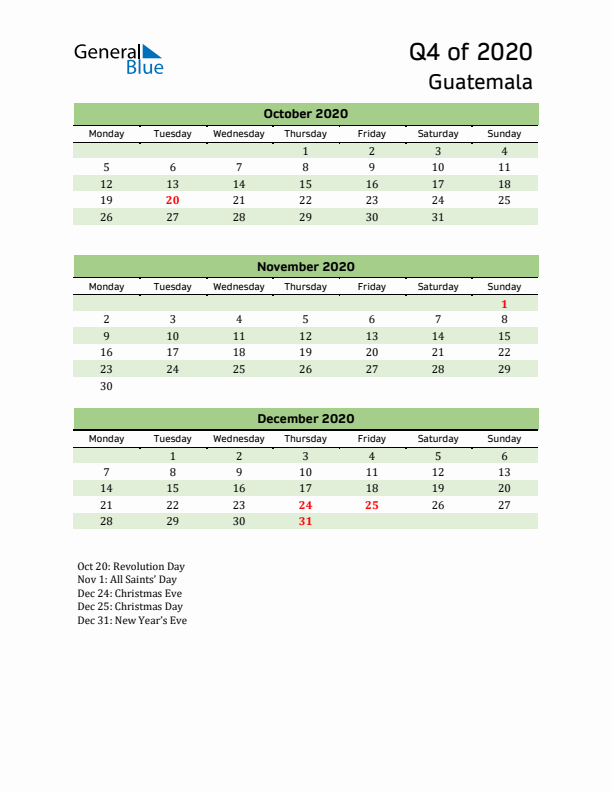 Quarterly Calendar 2020 with Guatemala Holidays