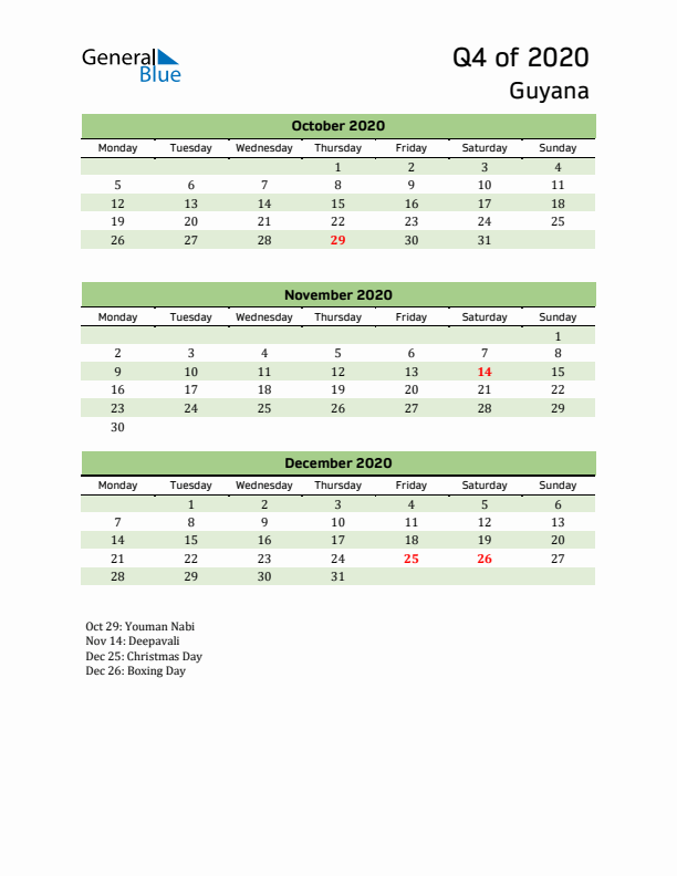 Quarterly Calendar 2020 with Guyana Holidays