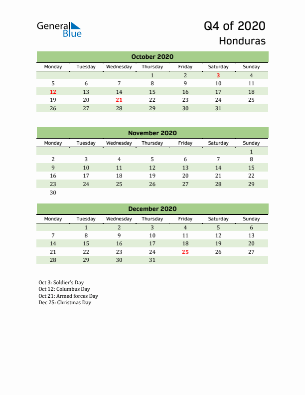 Quarterly Calendar 2020 with Honduras Holidays