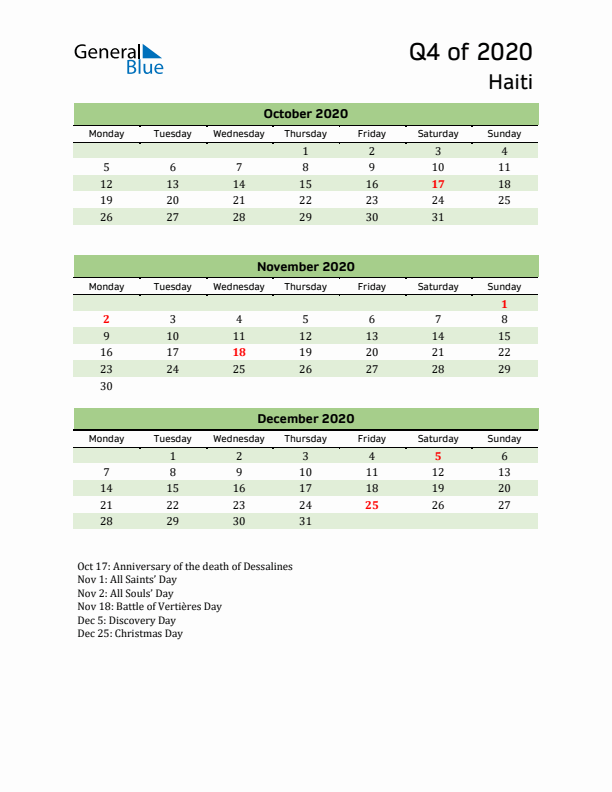 Quarterly Calendar 2020 with Haiti Holidays