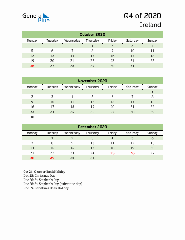 Quarterly Calendar 2020 with Ireland Holidays