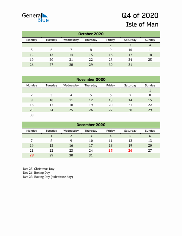 Quarterly Calendar 2020 with Isle of Man Holidays