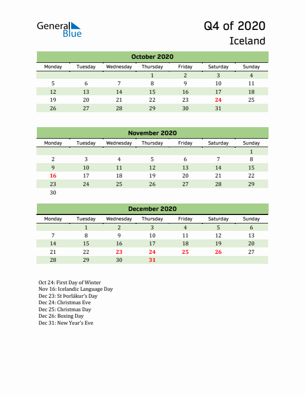 Quarterly Calendar 2020 with Iceland Holidays