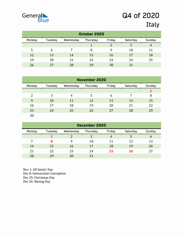 Quarterly Calendar 2020 with Italy Holidays