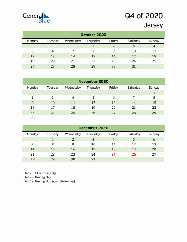 Quarterly Calendar 2020 with Jersey Holidays