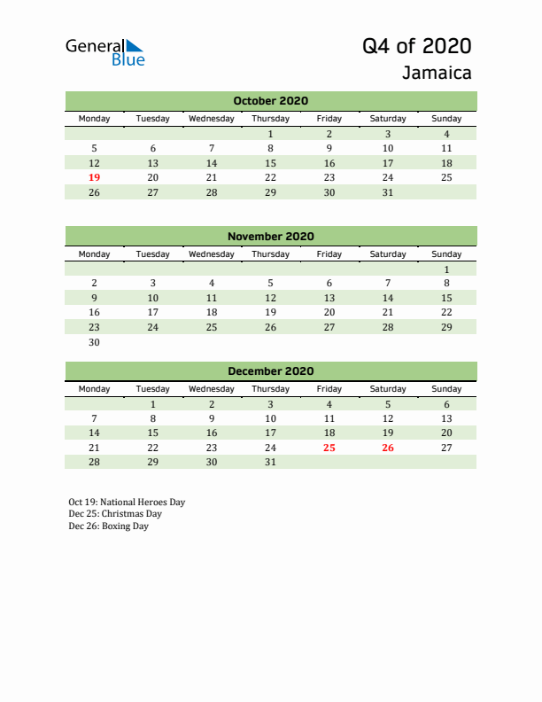 Quarterly Calendar 2020 with Jamaica Holidays