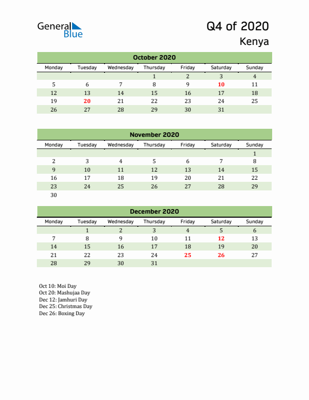 Quarterly Calendar 2020 with Kenya Holidays