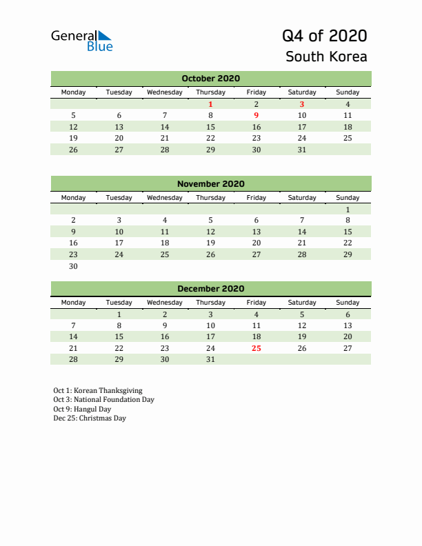 Quarterly Calendar 2020 with South Korea Holidays