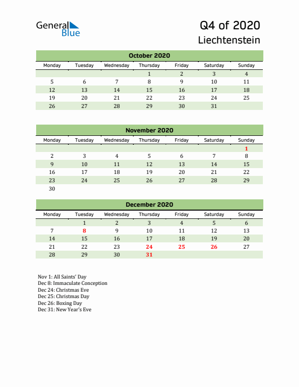 Quarterly Calendar 2020 with Liechtenstein Holidays