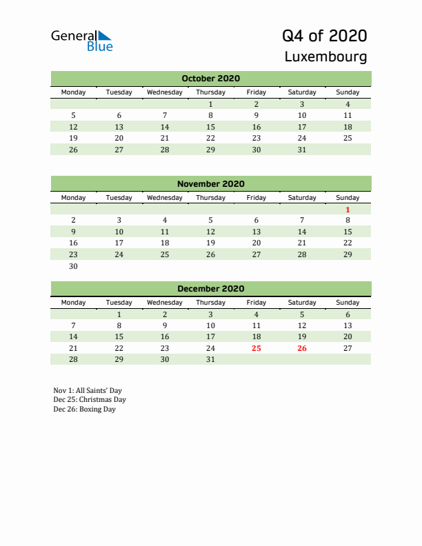 Quarterly Calendar 2020 with Luxembourg Holidays